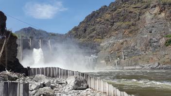 Water outflow of the Hells Canyon hydroelectric dam, Snake River. 