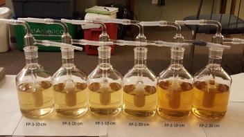 Six flasks with a gradient in color showing dissolved organic matter gradient of field samples.